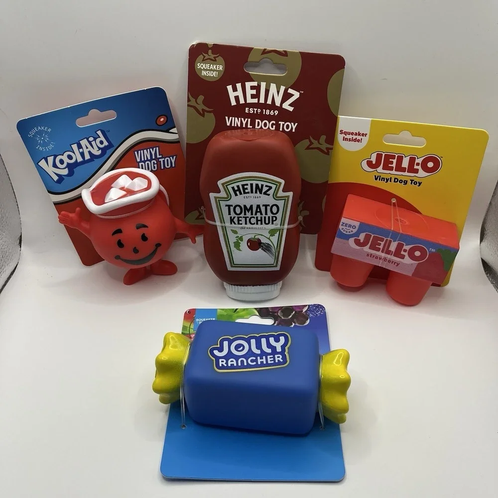 🐶 NWT Lot of 4 Squeaky Dog Toys Jell-O Heinz Jolly Rancher Kool-Aid 🐶